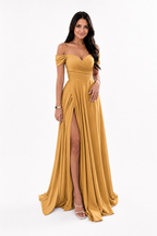 Off-Shoulder Ruched A-Line Evening Gown with Slit