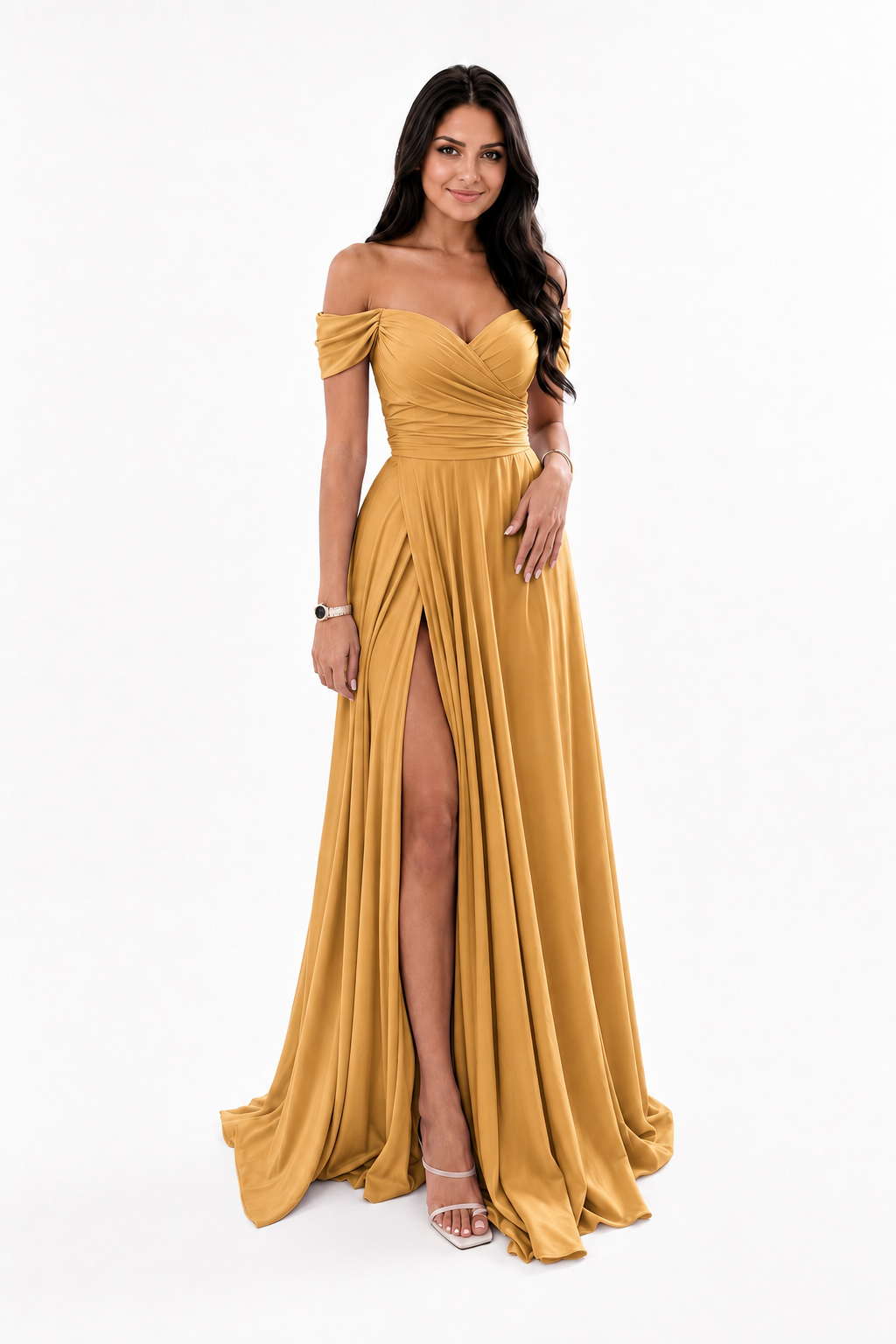 Off-Shoulder Ruched A-Line Evening Gown with Slit