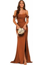 Draped Off-Shoulder A-Line Evening Gown with Side Slit