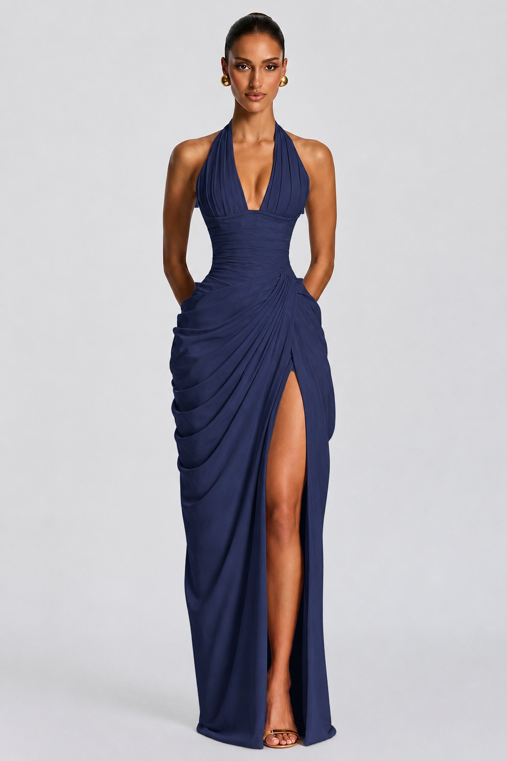 Deep V Halter Ruched High-Slit Evening Gown