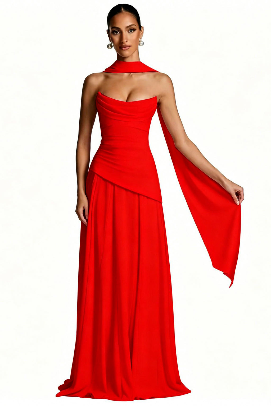 Scarf-Neck Ruched A-Line Evening Gown