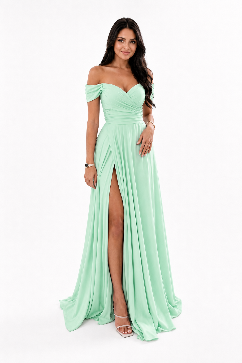 Off-Shoulder Ruched A-Line Evening Gown with Slit
