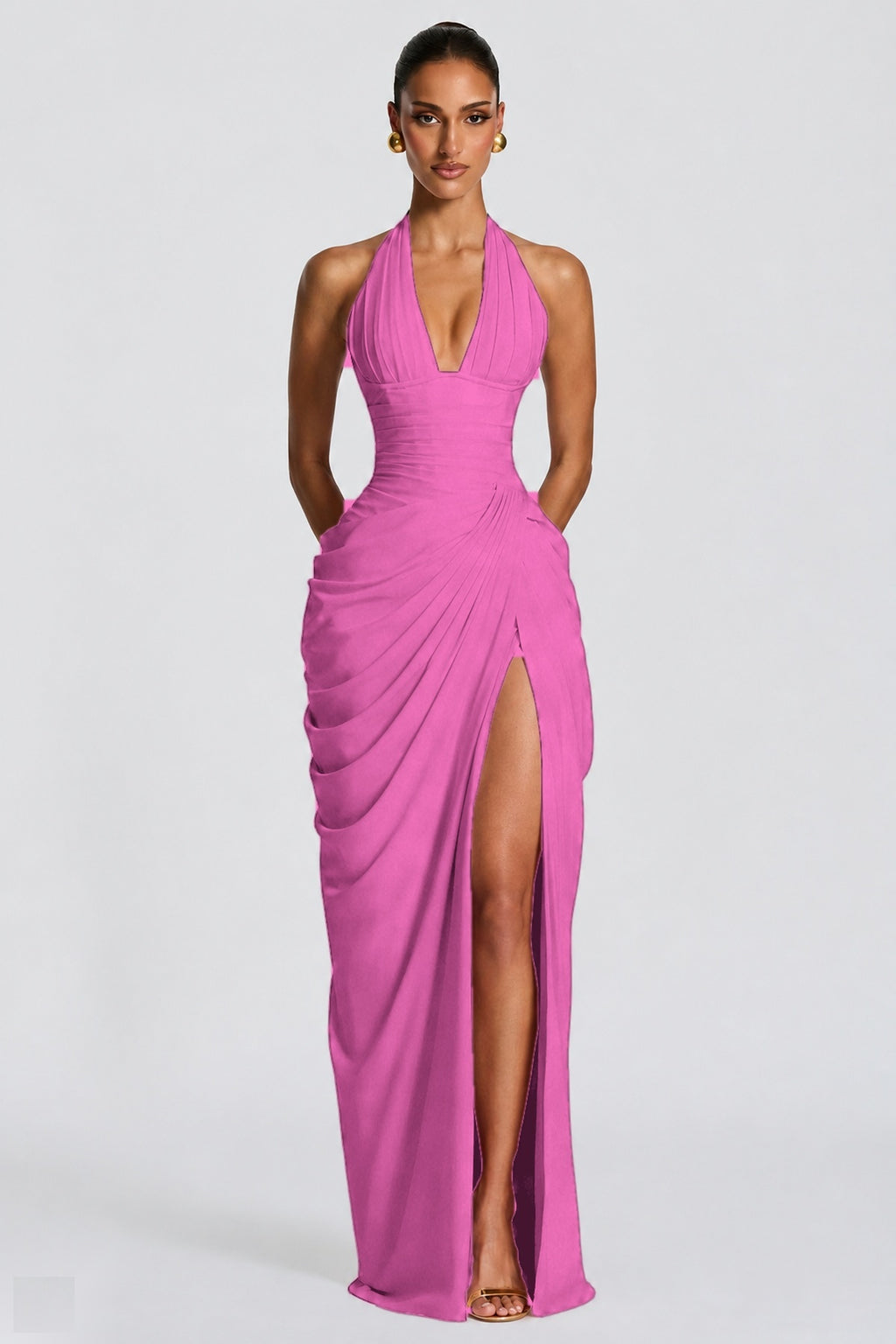 Deep V Halter Ruched High-Slit Evening Gown