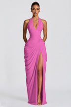 Deep V Halter Ruched High-Slit Evening Gown