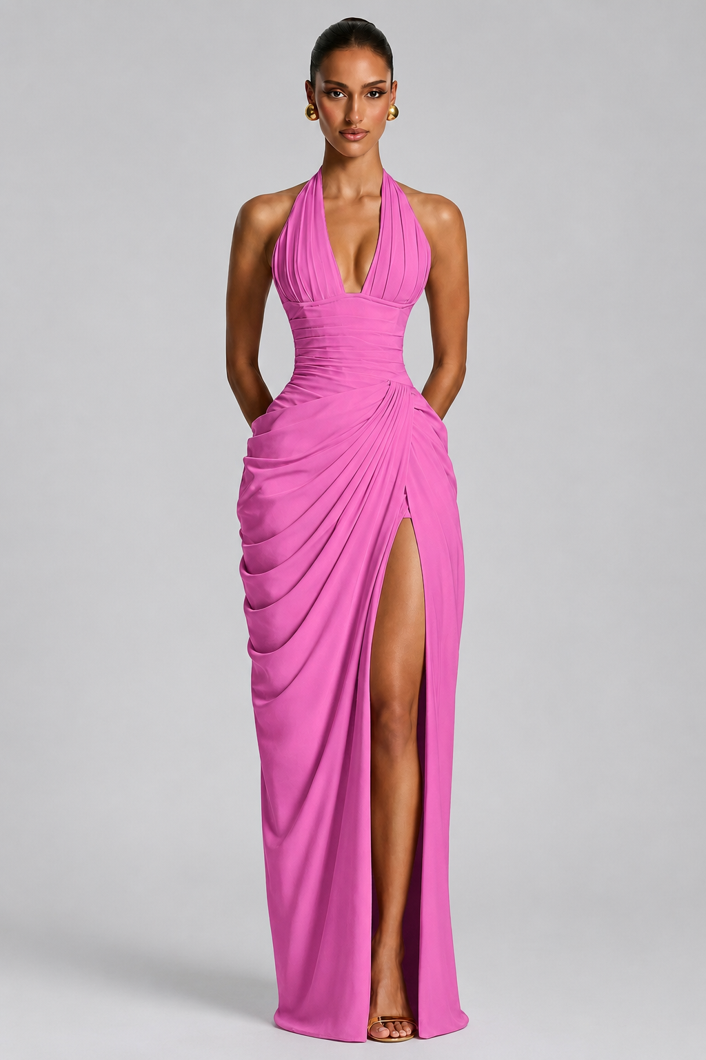 Deep V Halter Ruched High-Slit Evening Gown
