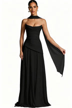 Scarf-Neck Ruched A-Line Evening Gown