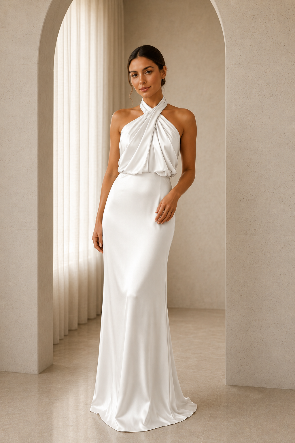 Asymmetric Draped Halter A-Line Evening Gown