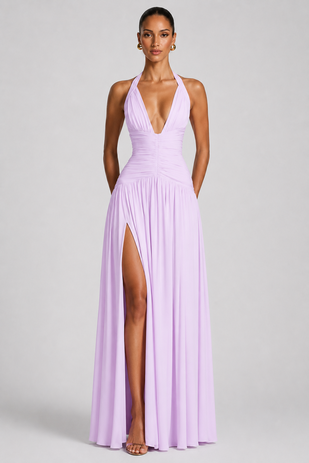 Deep-V Halter High-Slit A-Line Evening Gown