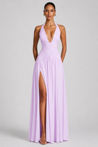 Deep-V Halter High-Slit A-Line Evening Gown