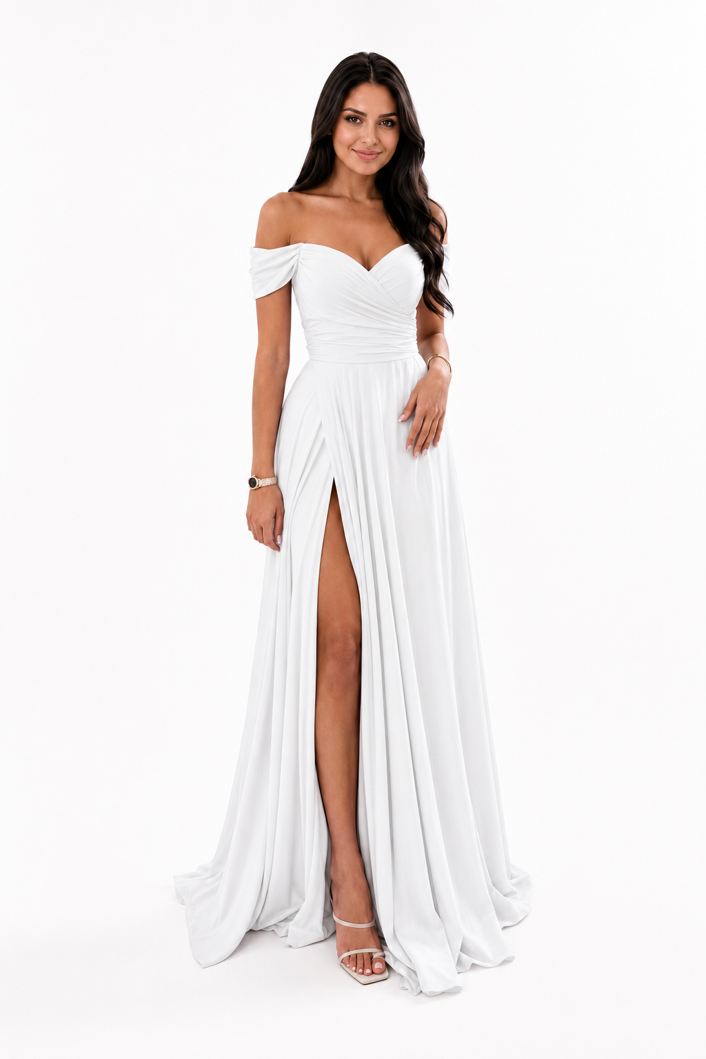 Off-Shoulder Ruched A-Line Evening Gown with Slit