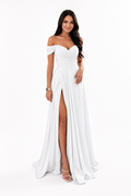 White off-shoulder ruched A-line evening gown with slit