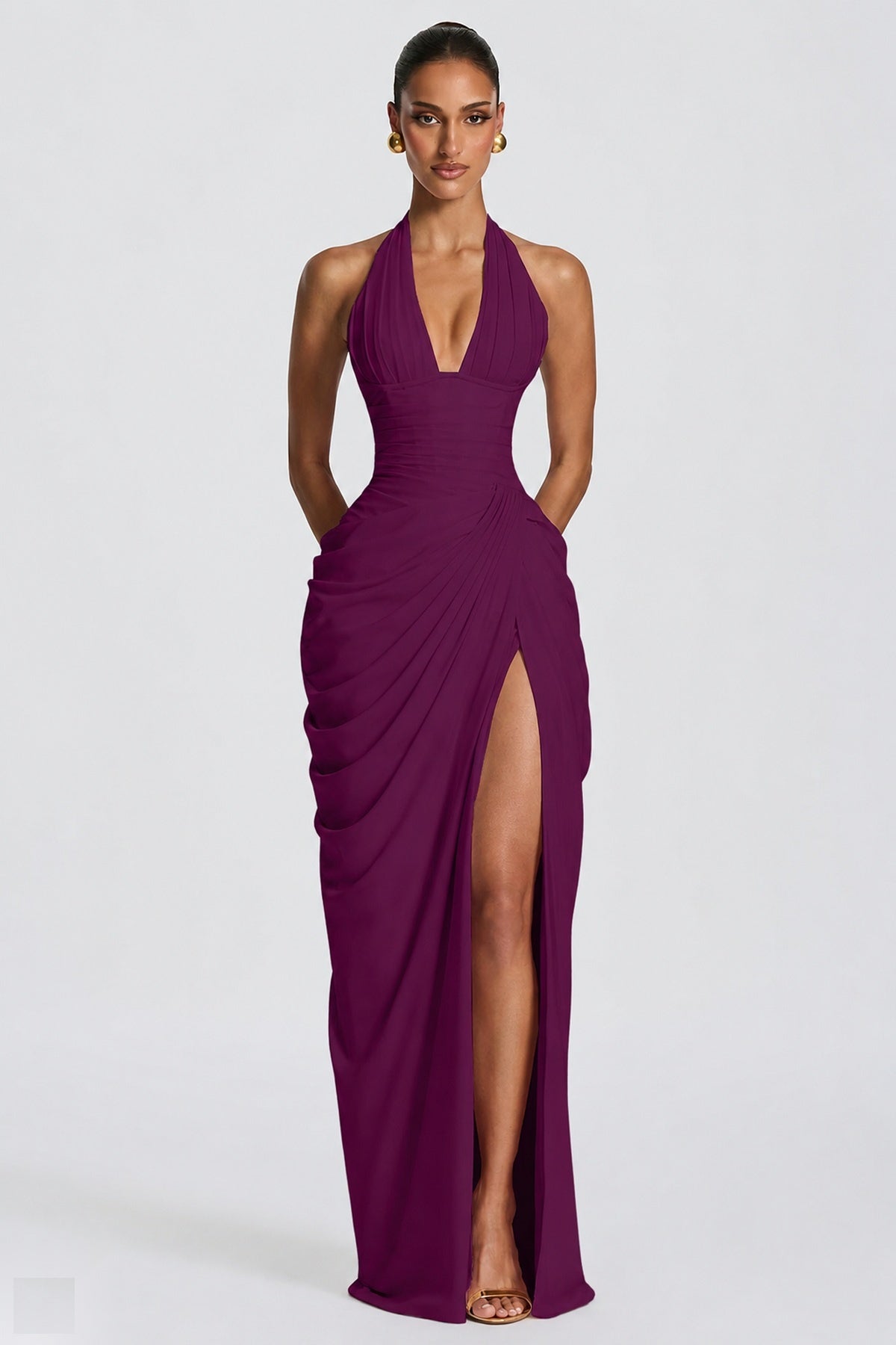 Deep V Halter Ruched High-Slit Evening Gown