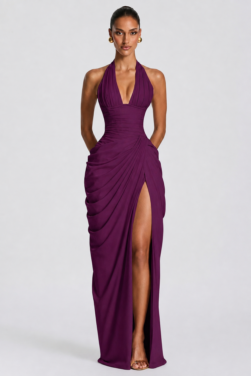 Deep V Halter Ruched High-Slit Evening Gown