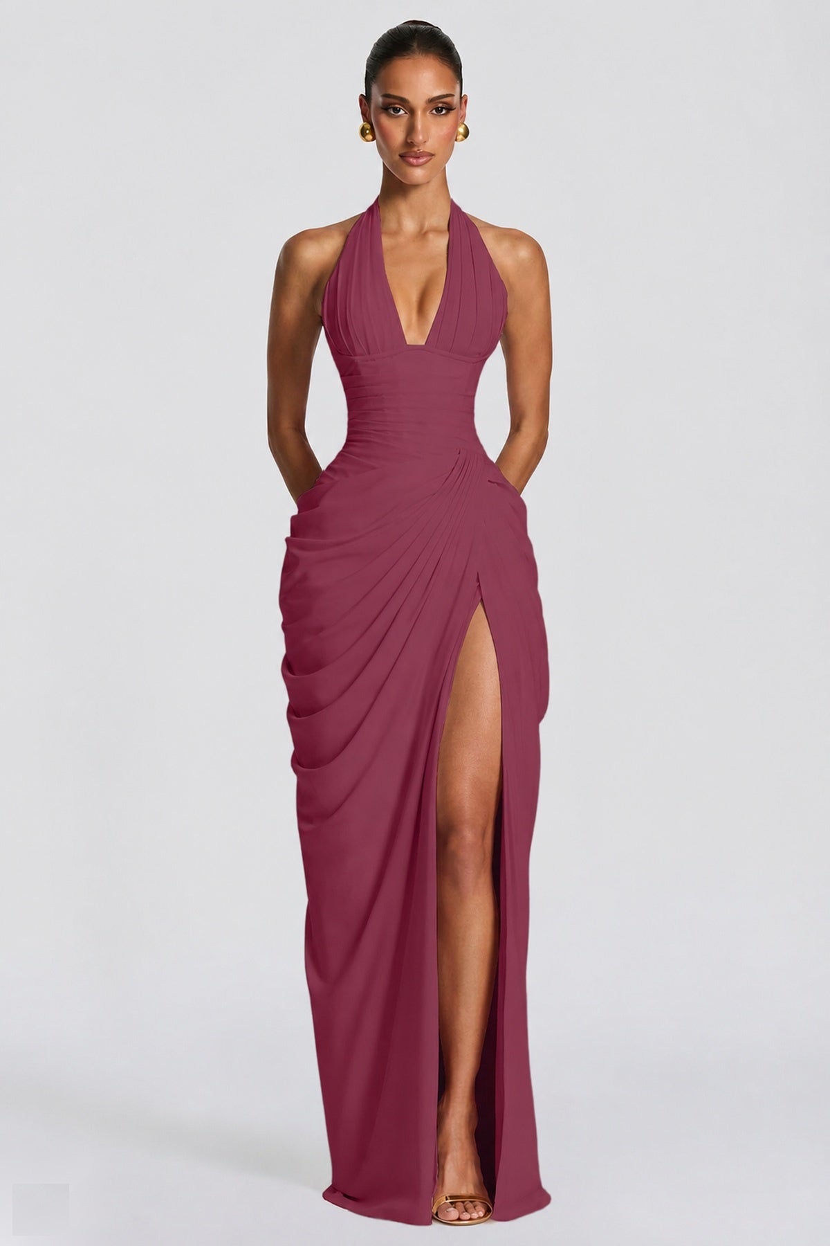 Deep V Halter Ruched High-Slit Evening Gown