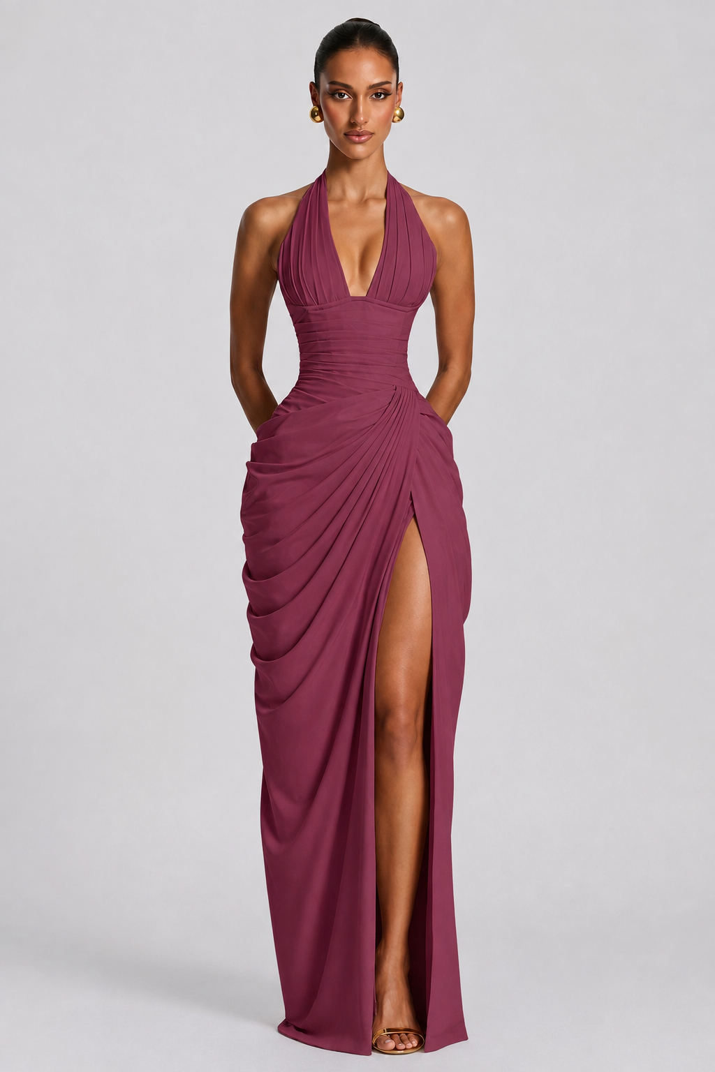 Deep V Halter Ruched High-Slit Evening Gown