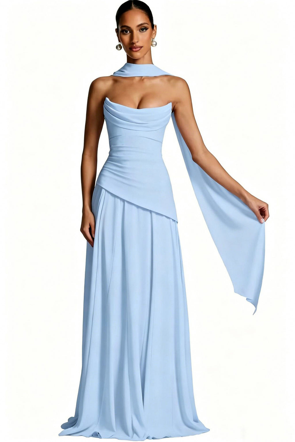 Scarf-Neck Ruched A-Line Evening Gown