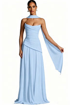 Scarf-Neck Ruched A-Line Evening Gown
