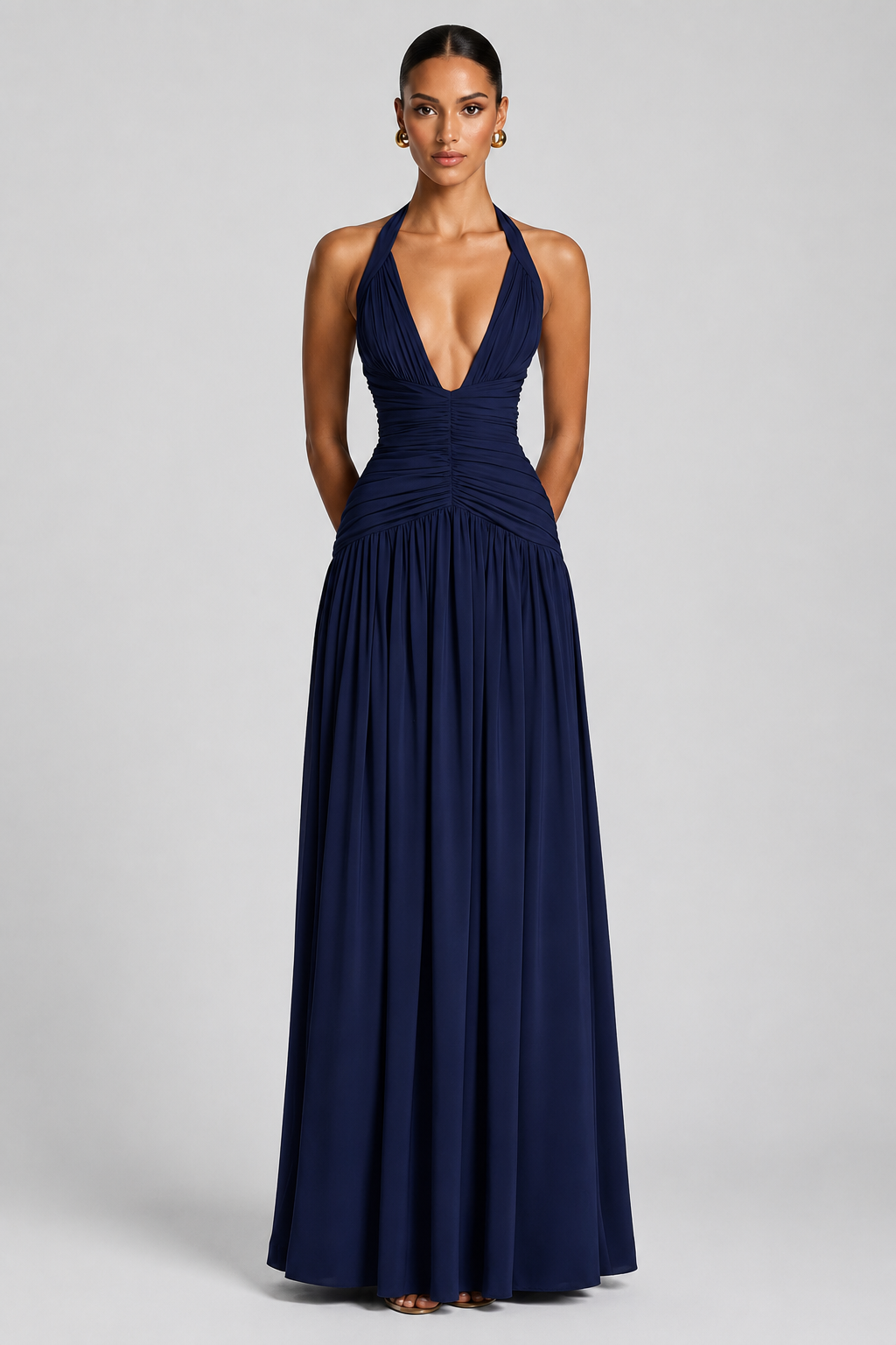 Deep-V Halter High-Slit A-Line Evening Gown