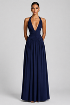 Deep-V Halter High-Slit A-Line Evening Gown