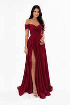 Off-Shoulder Ruched A-Line Evening Gown with Slit