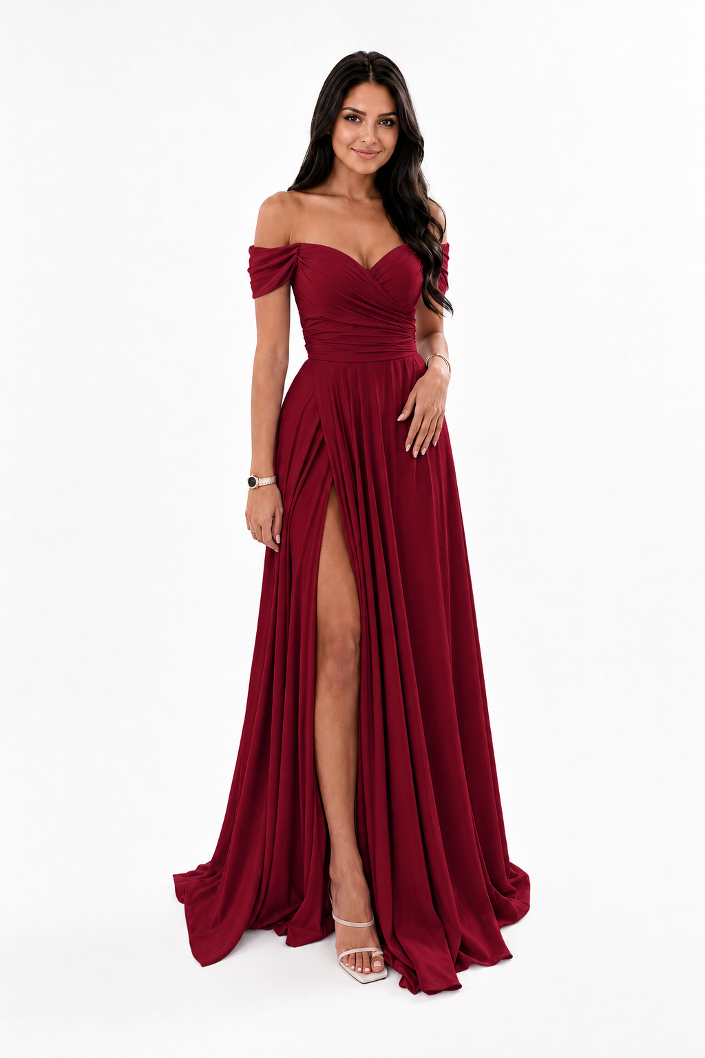 Off-Shoulder Ruched A-Line Evening Gown with Slit