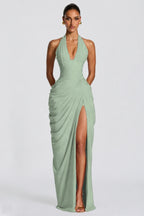 Deep V Halter Ruched High-Slit Evening Gown