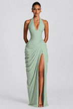 Sage green deep V halter ruched high-slit evening gown