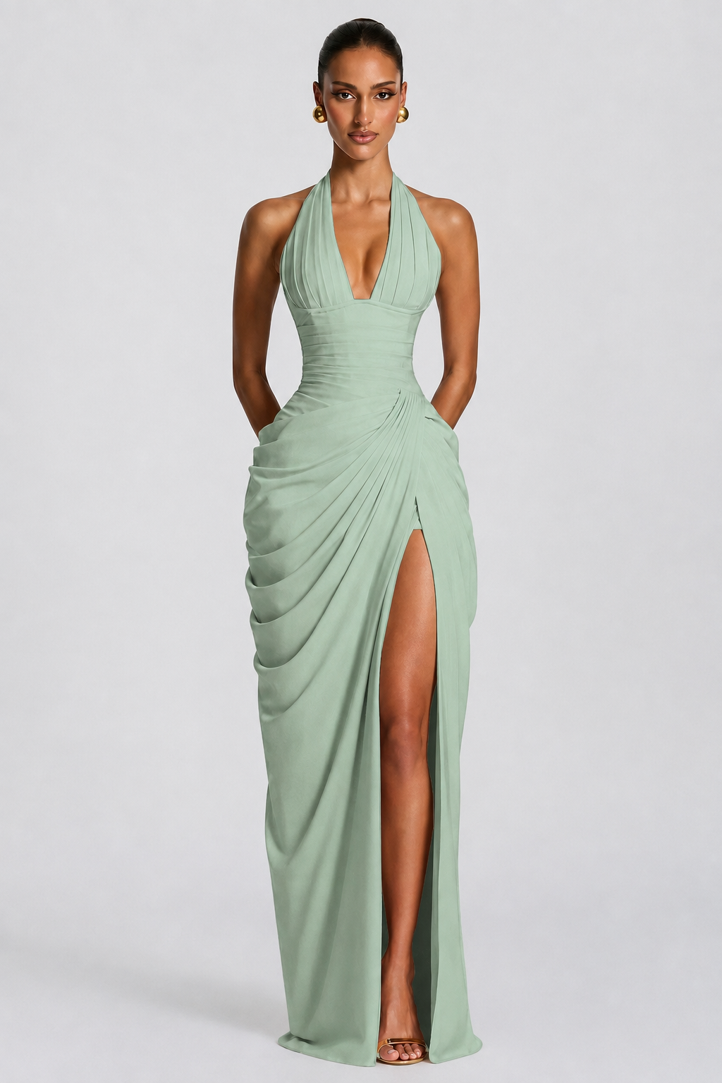 Deep V Halter Ruched High-Slit Evening Gown