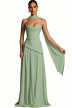 Scarf-Neck Ruched A-Line Evening Gown