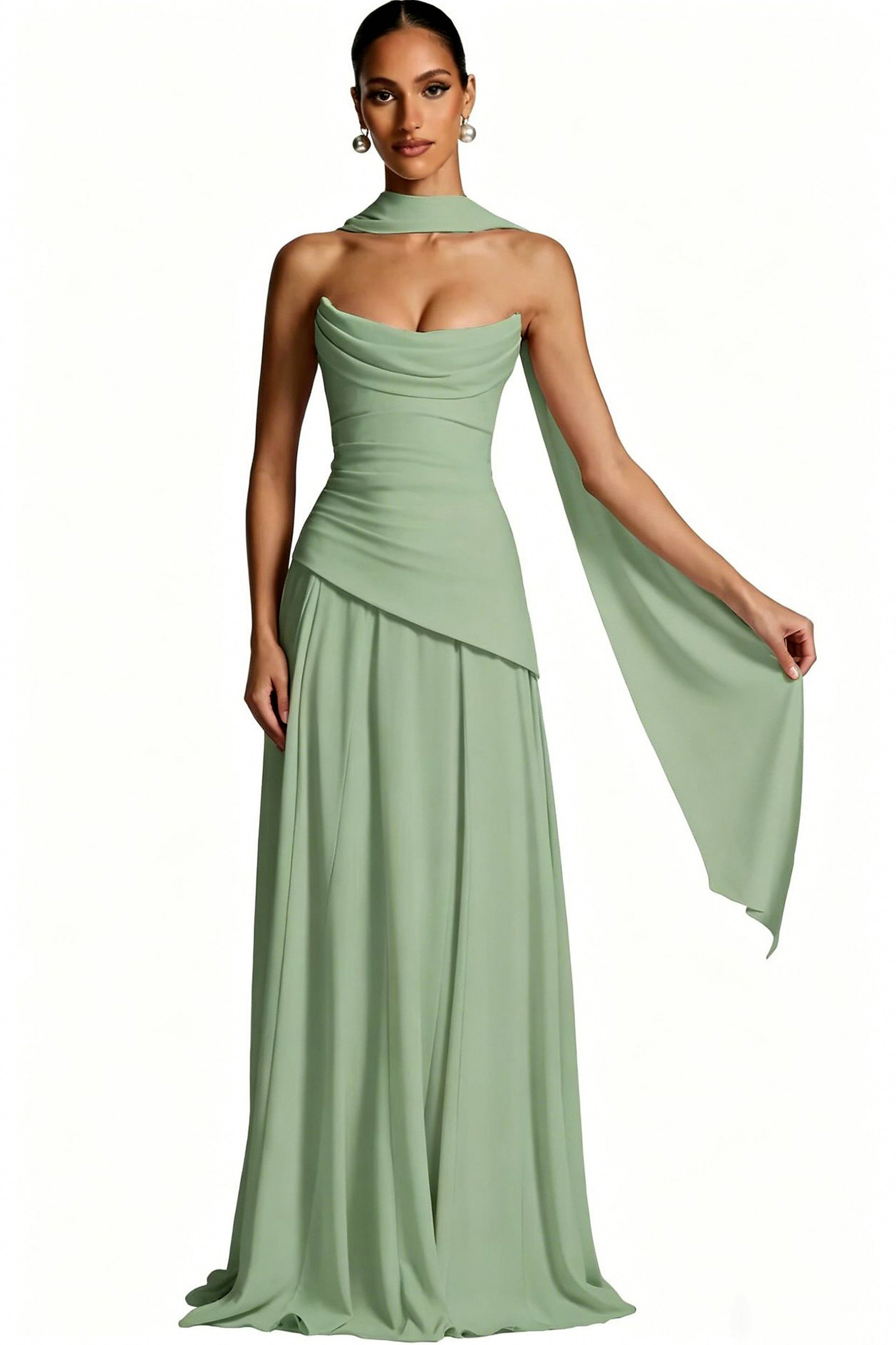 Scarf-Neck Ruched A-Line Evening Gown