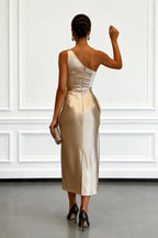 One-Shoulder Draped Midi Evening Dress