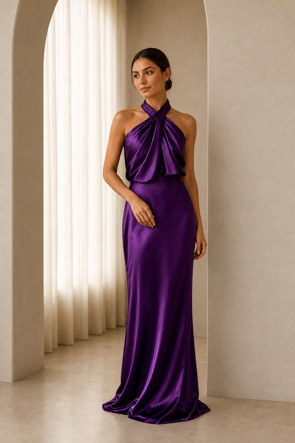 Asymmetric Draped Halter A-Line Evening Gown