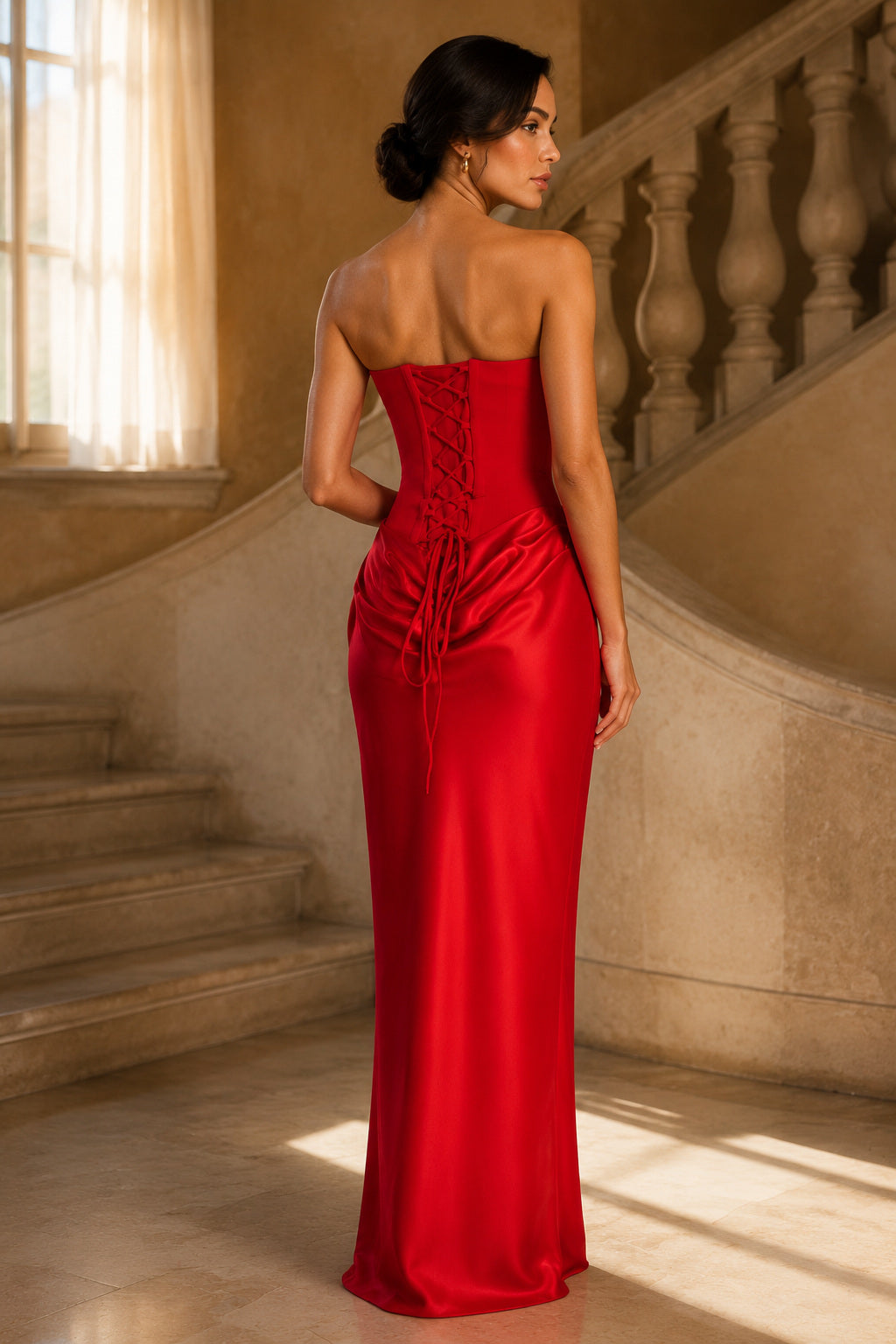 Strapless Draped Column Evening Gown
