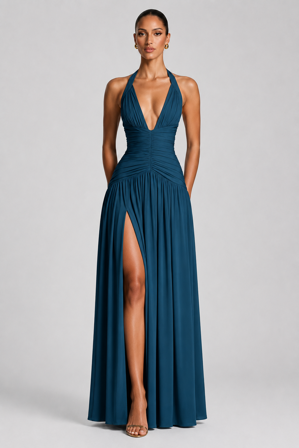 Deep-V Halter High-Slit A-Line Evening Gown