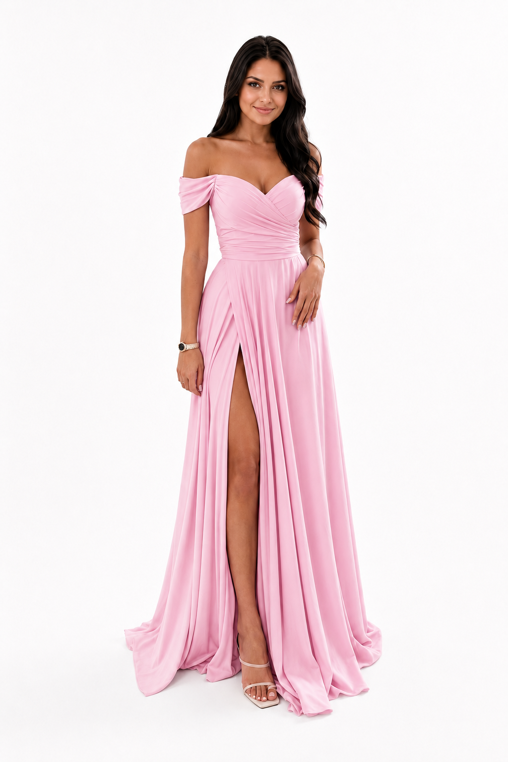 Off-Shoulder Ruched A-Line Evening Gown with Slit