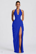 Deep V Halter Ruched High-Slit Evening Gown