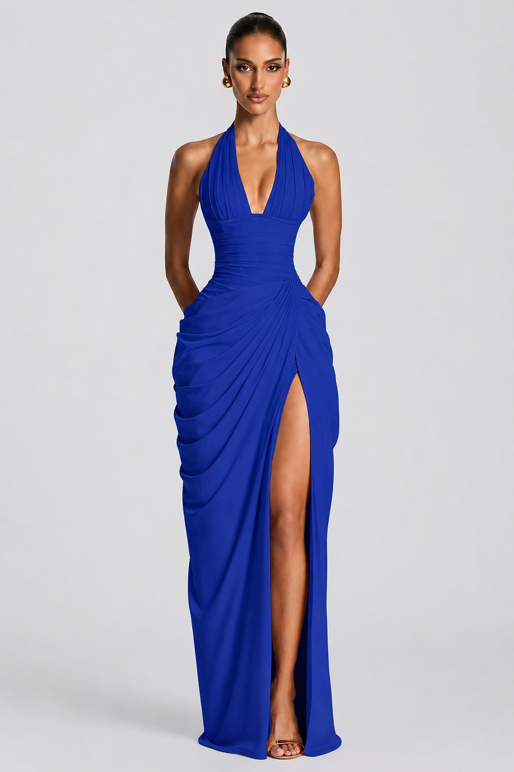 Royal blue deep V halter ruched high-slit evening gown