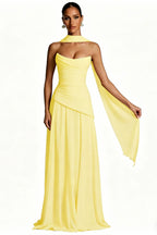 Scarf-Neck Ruched A-Line Evening Gown