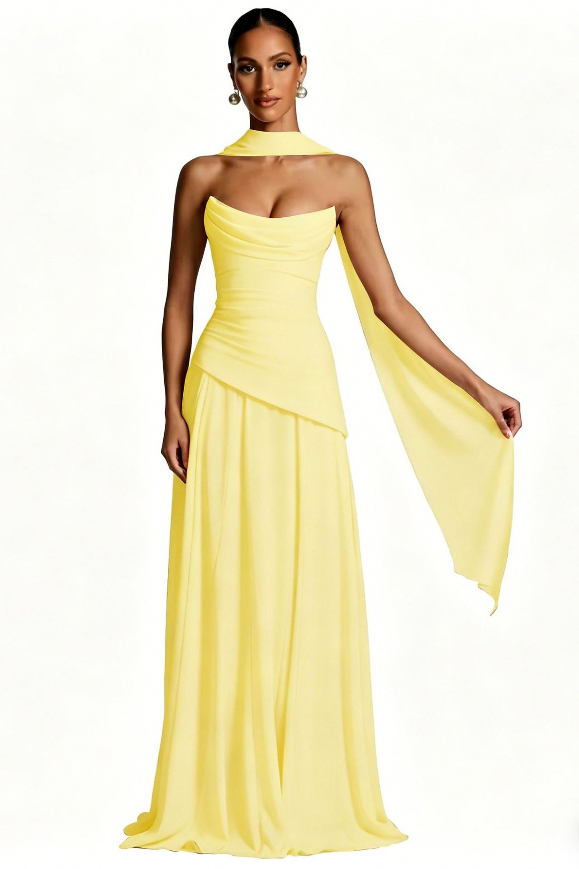 Scarf-Neck Ruched A-Line Evening Gown
