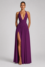 Deep-V Halter High-Slit A-Line Evening Gown