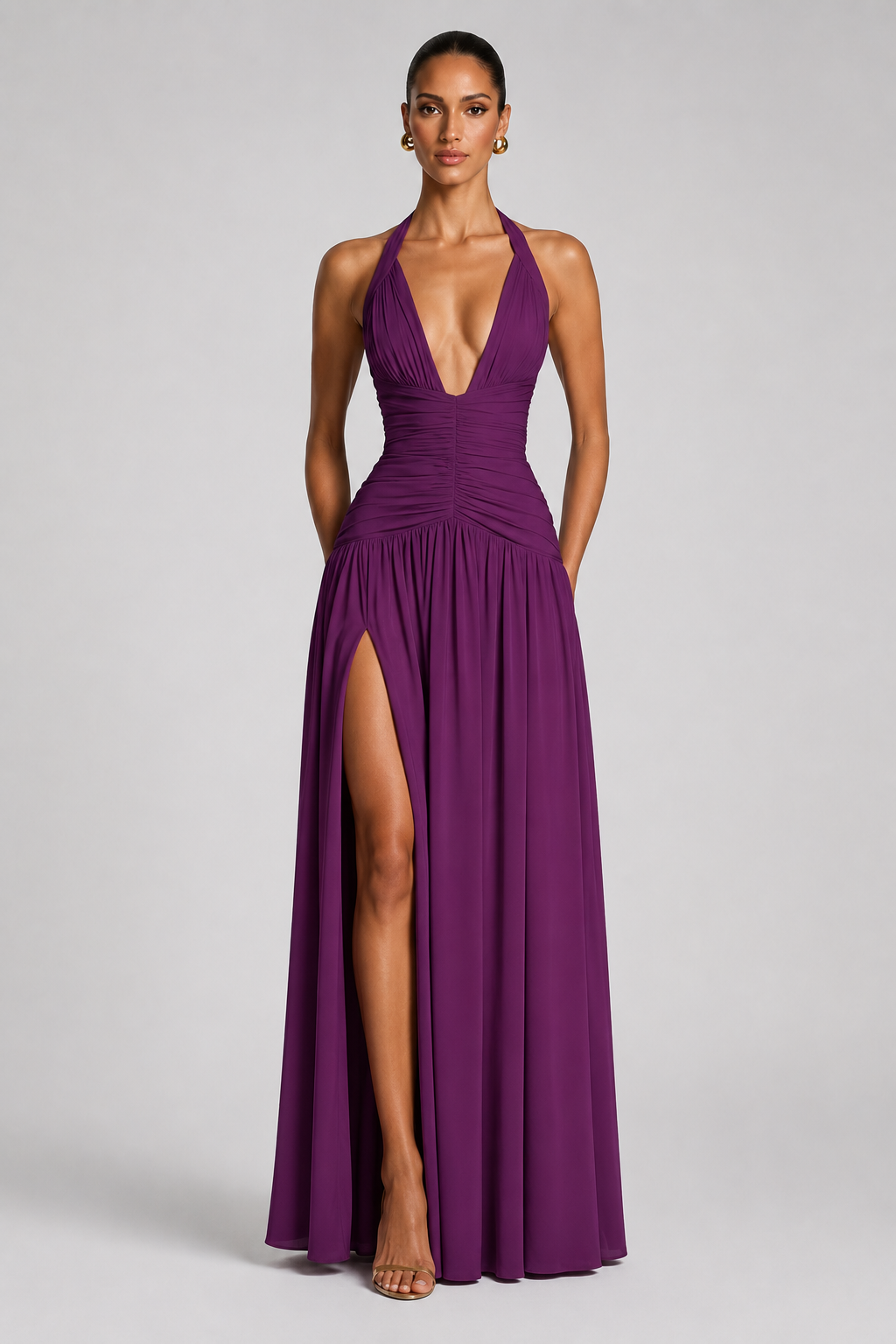 Deep-V Halter High-Slit A-Line Evening Gown