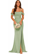 Draped Off-Shoulder A-Line Evening Gown with Side Slit