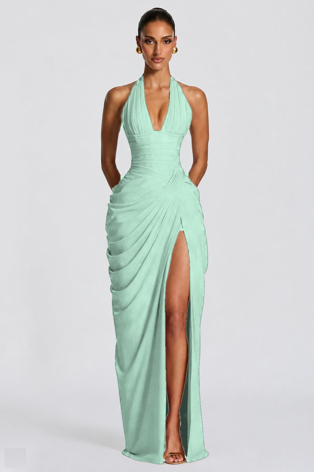 Deep V Halter Ruched High-Slit Evening Gown