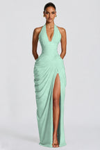 Deep V Halter Ruched High-Slit Evening Gown