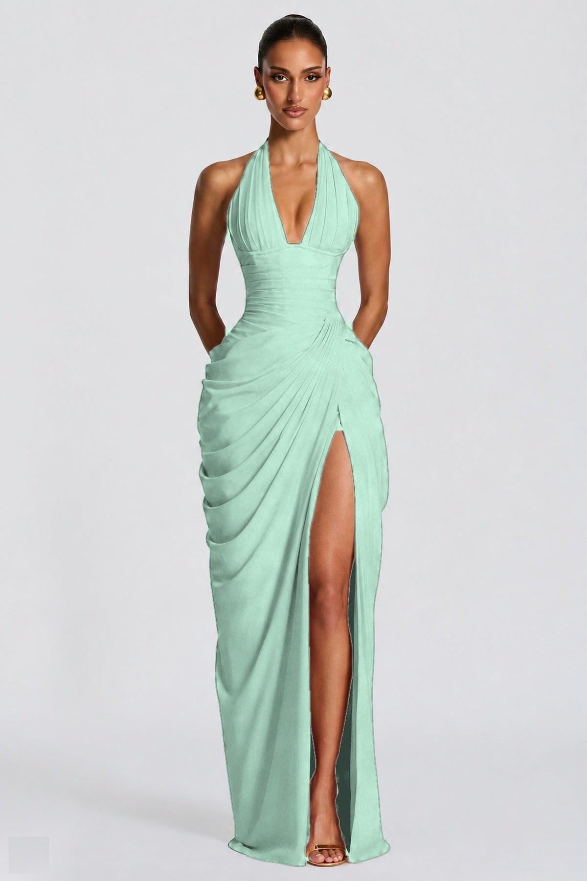 Deep V Halter Ruched High-Slit Evening Gown
