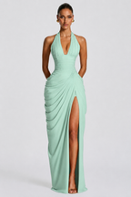 Mint green deep V halter ruched high-slit evening gown