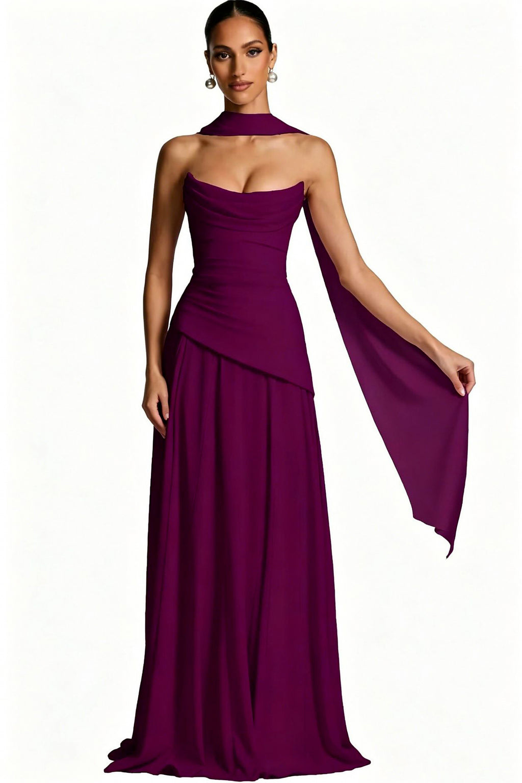 Scarf-Neck Ruched A-Line Evening Gown