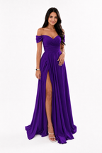 Off-Shoulder Ruched A-Line Evening Gown with Slit