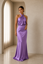 Lavender asymmetric draped halter A-line evening gown