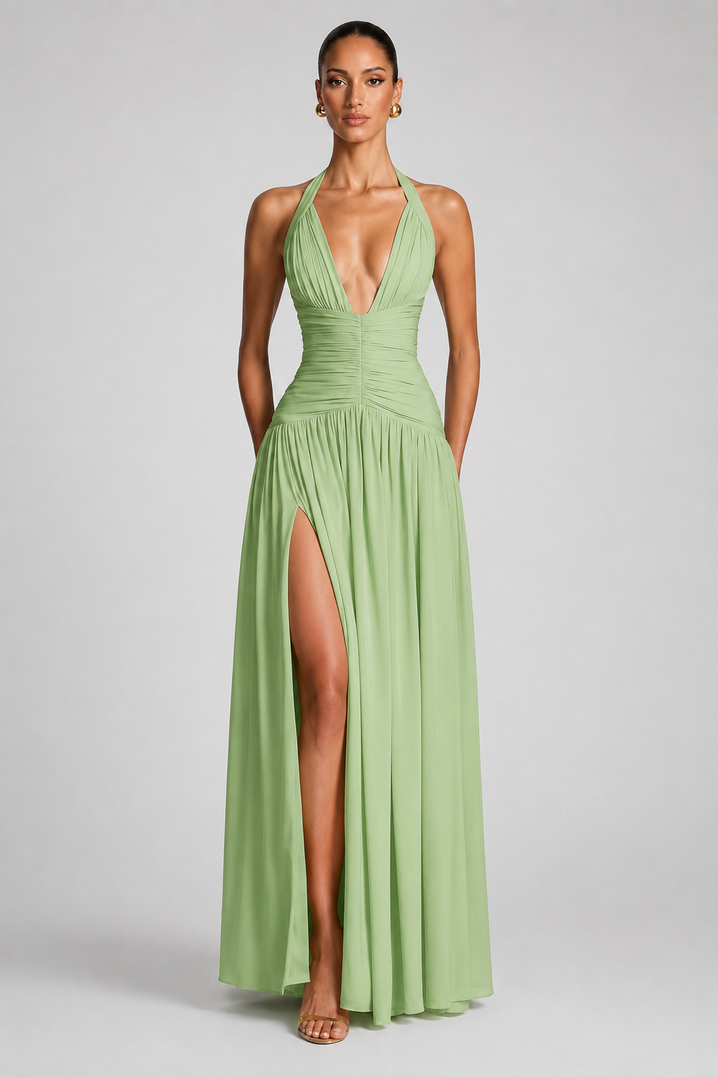 Deep-V Halter High-Slit A-Line Evening Gown
